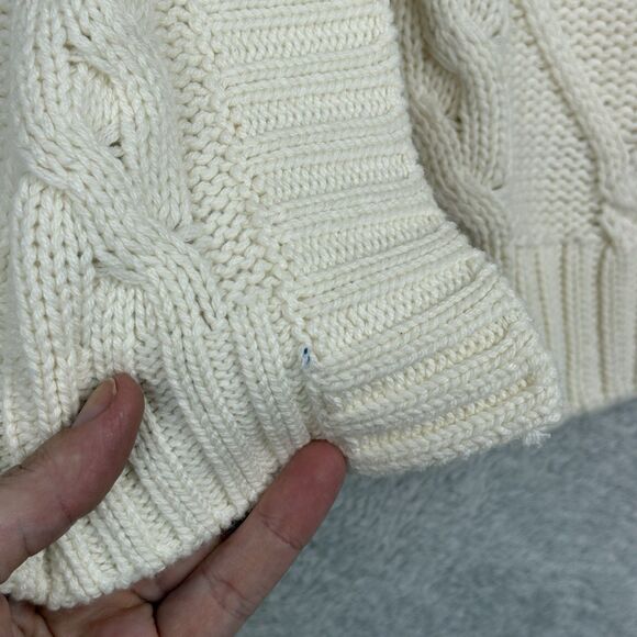 Y2K Faux Fur Trim Hooded Cardigan Sweater Jacket Medium Cream Cable Knit Gilmore - Picture 5 of 13